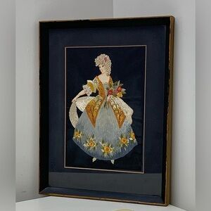Vintage Victorian Era Framed Matted Silk Needlepoint Hand Crafted Lady in Dress